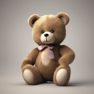 A generative-AI image of a teddy bear.  It has a pink bow tied around its neck.  The image is strangely calming.