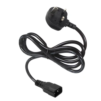 A product photo of a power cord. On one end is an ordinary male UK power plug. On the other end is a shrouded male IEC power plug. All pins are exposed on both ends.