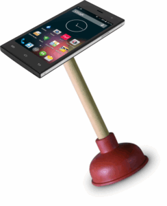 Crude photoshop of an ordinary smartphone with an ordinary wooden and rubber plunger awkwardly sticking out the back