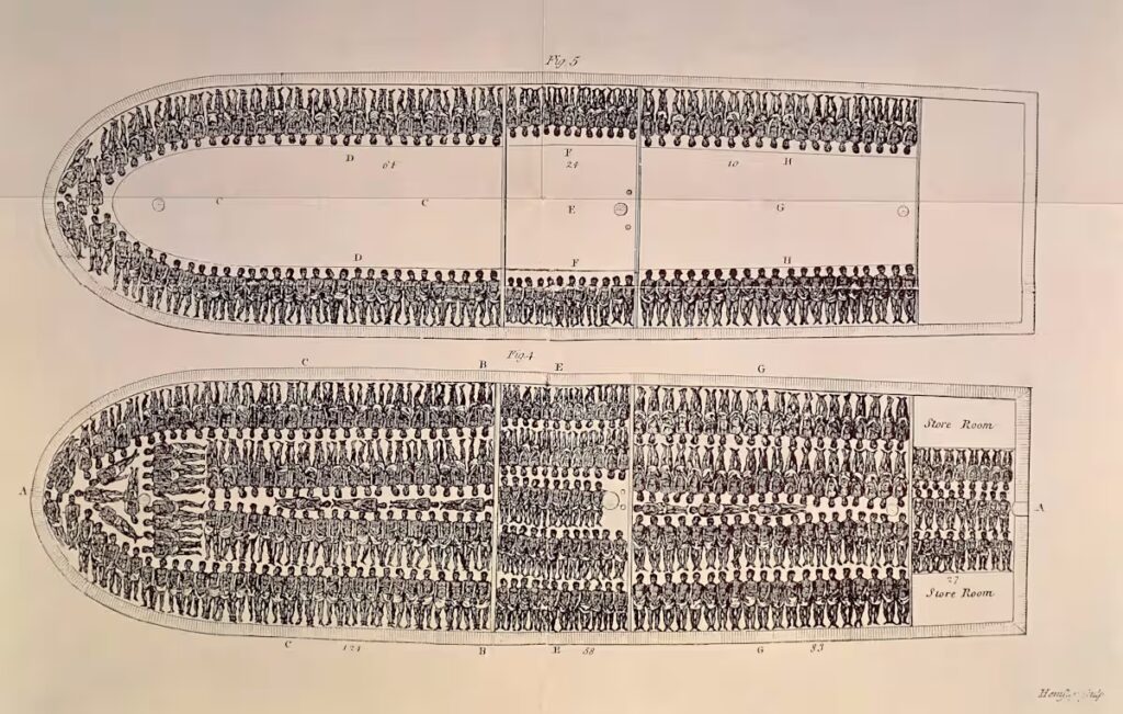 Plan of a slave ship, showing slaves packed size-by-side and head-to-toe like timber.