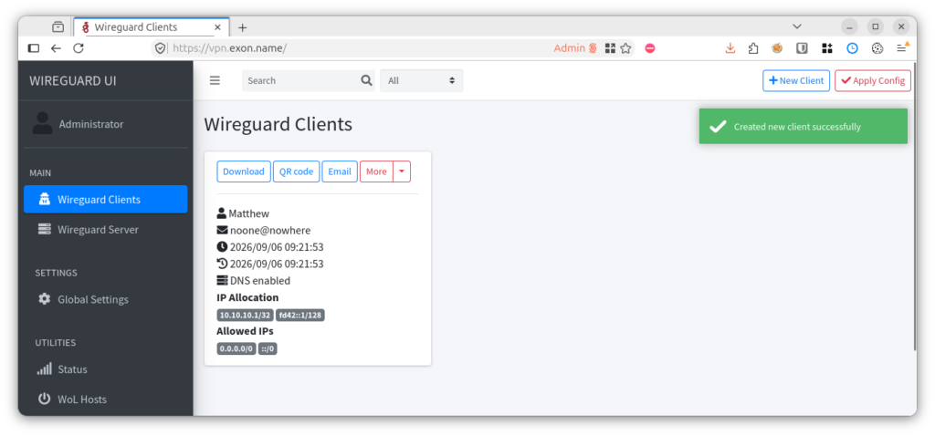 Screenshot of Wireguard UI. At left is a top-level menu divided into sections. The main panel has one compact box with the configuration of a client called "Matthew". On the right a green popup banner says "Created new client successfully". Above that is a blue button marked "+ New Client" and a red button marked "✓ Apply Config".