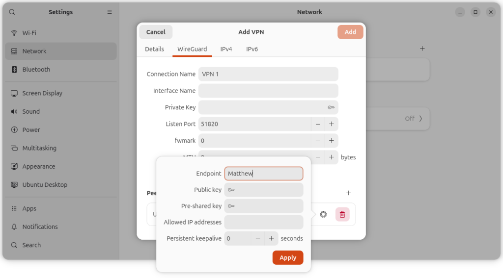 Screenshot of several layers of the Settings app in Gnome. Network is selected, and then I've clicked the plus button above the VPN list and selected "WireGuard" as the type. On the WireGuard tab, the name is pre-filled as "VPN 1". I've clicked the plus button above the "Peers" panel. This pops up a dialog including fields for Endpoint, Public Key, Pre-shared Key, Allowed IP addresses, and Persistent keepalive.