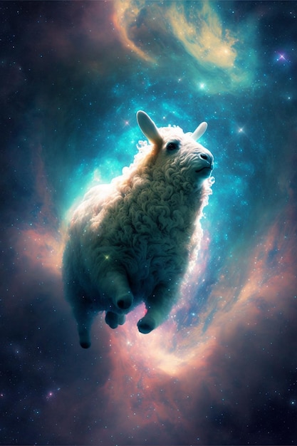 AI-generated image of a sheep floating in space against a swirling technicolour backdrop.